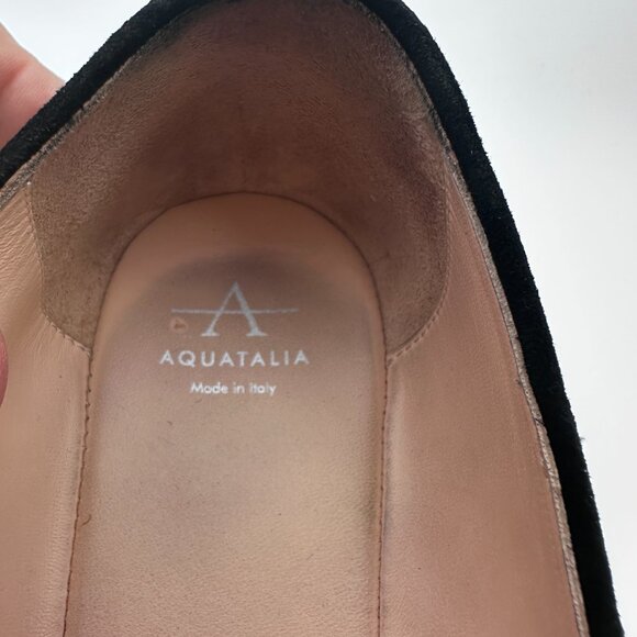 Aquatalia‎ Black Fabric Wedge Heel Flats patent Leather Peep Toe Womens Sz 9 - Picture 2 of 11